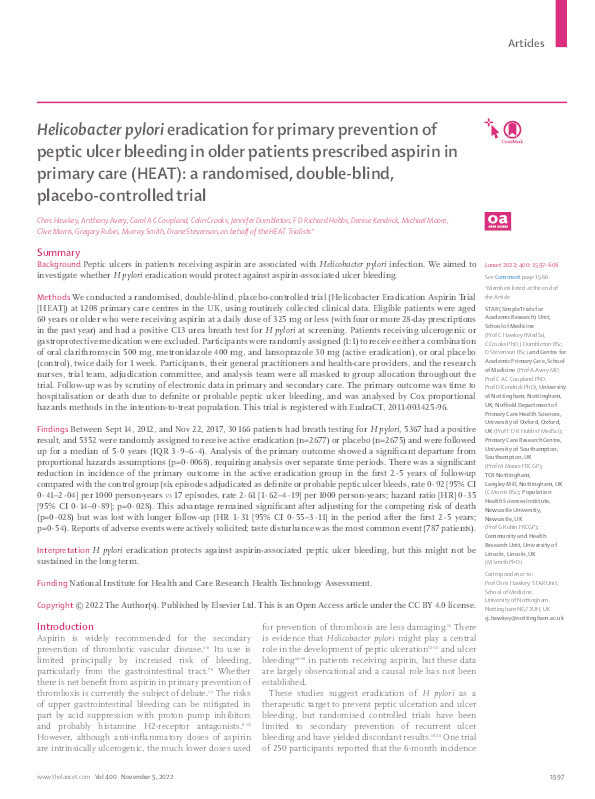 Helicobacter pylori eradication for primary prevention of peptic ulcer bleeding in older patients prescribed aspirin in primary care (HEAT): a randomised, double-blind, placebo-controlled trial Thumbnail