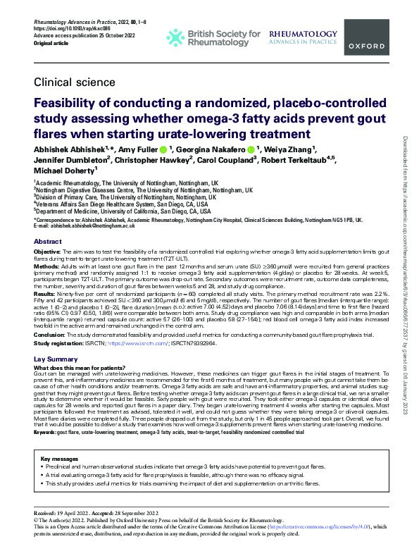 Feasibility of conducting a randomized, placebo-controlled study assessing whether omega-3 fatty acids prevent gout flares when starting urate-lowering treatment Thumbnail