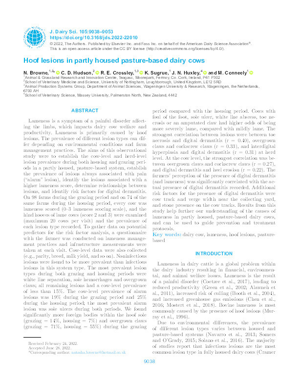 Hoof lesions in partly housed pasture-based dairy cows Thumbnail