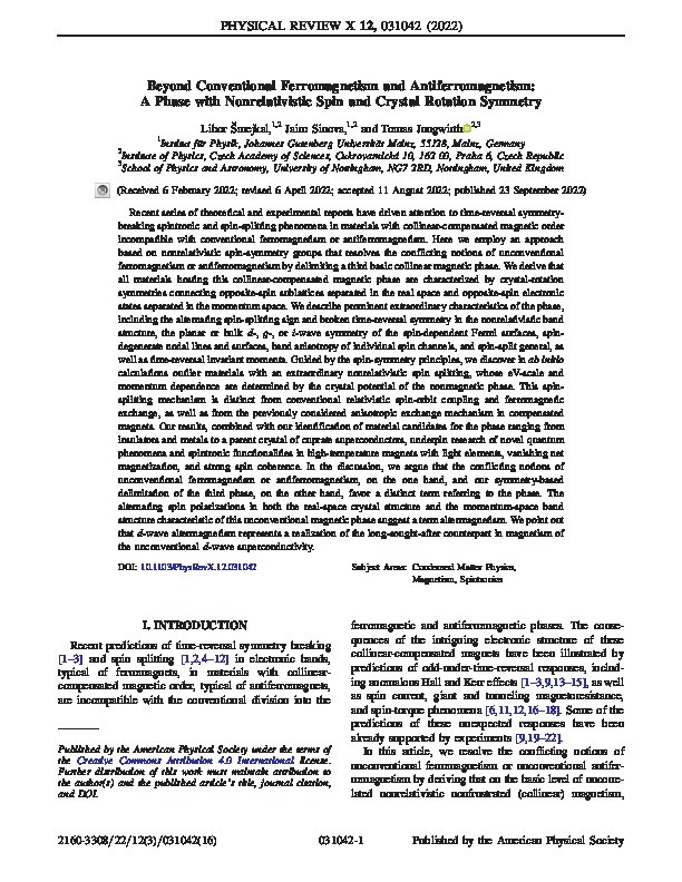 Beyond Conventional Ferromagnetism and Antiferromagnetism: A Phase with Nonrelativistic Spin and Crystal Rotation Symmetry Thumbnail