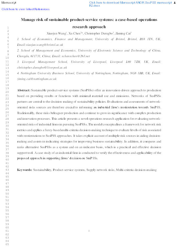 Manage risk of sustainable product–service systems: a case-based operations research approach Thumbnail