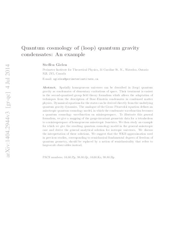 Quantum cosmology of (loop) quantum gravity condensates: an example Thumbnail