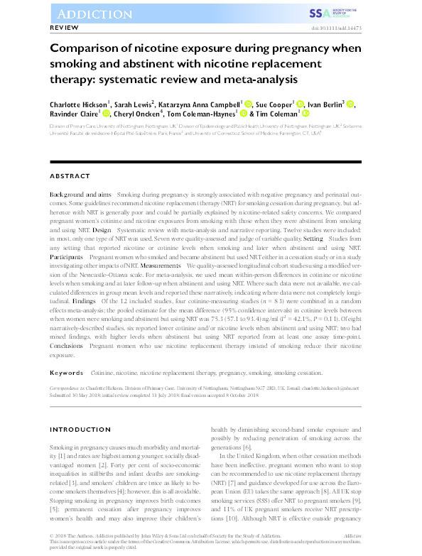 Comparison of nicotine exposure during pregnancy when smoking and abstinent with nicotine replacement therapy: systematic review and meta-analysis Thumbnail