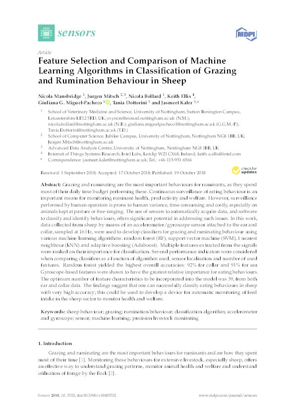 Feature selection and comparison of machine learning algorithms in classification of grazing and rumination behaviour in sheep Thumbnail