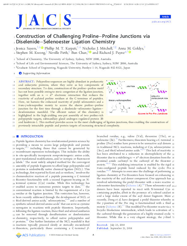 Construction of challenging proline–proline junctions via diselenide–selenoester ligation chemistry Thumbnail