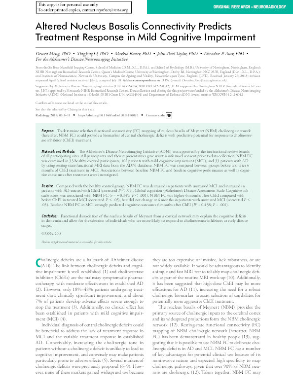 Altered nucleus basalis connectivity predicts treatment response in mild cognitive impairment Thumbnail