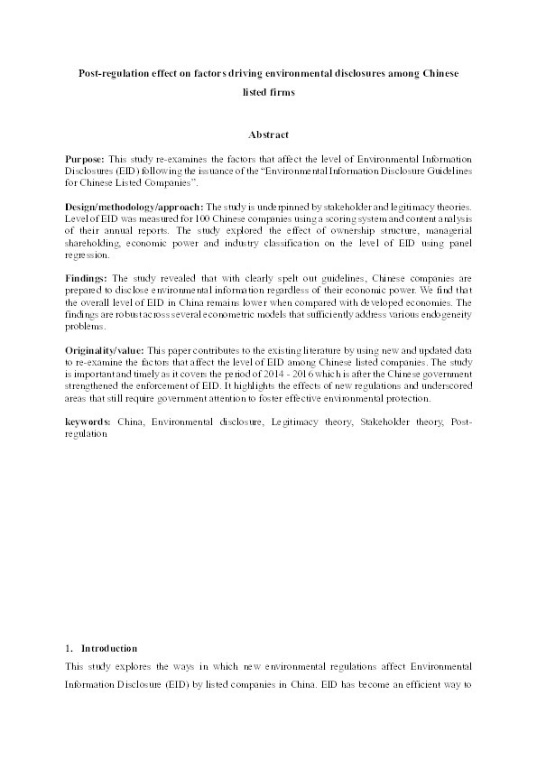 Post-regulation effect on factors driving environmental disclosures among Chinese listed firms Thumbnail