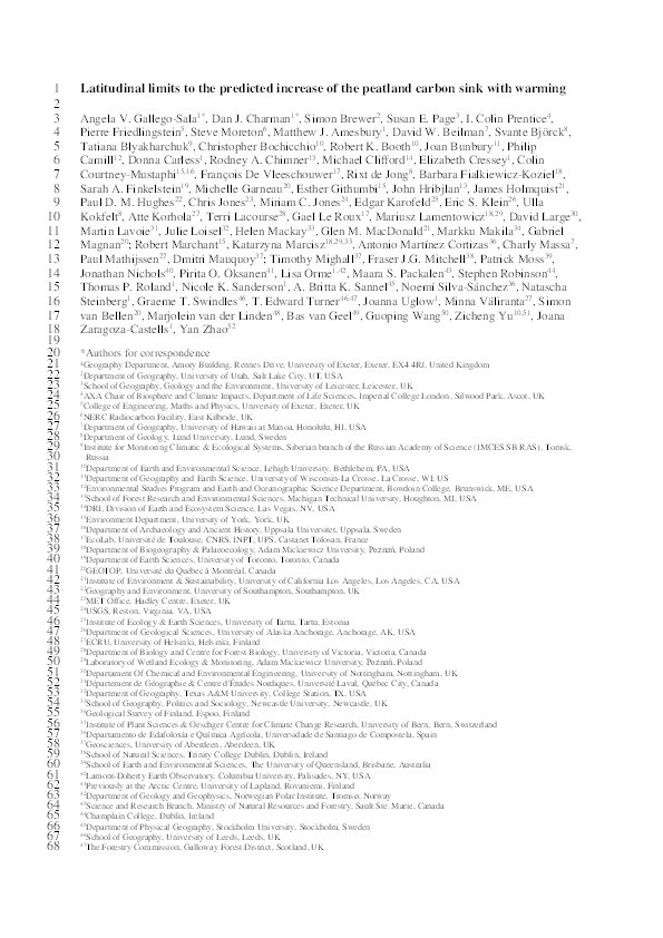 Latitudinal limits to the predicted increase of the peatland carbon sink with warming Thumbnail