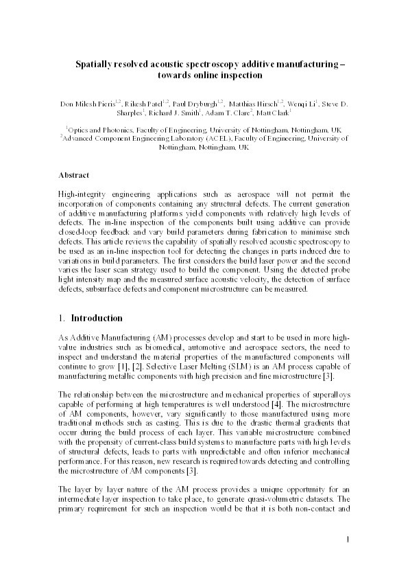 Spatially Resolved Acoustic Spectroscopy Towards Online Inspection of Additive Manufacturing Thumbnail