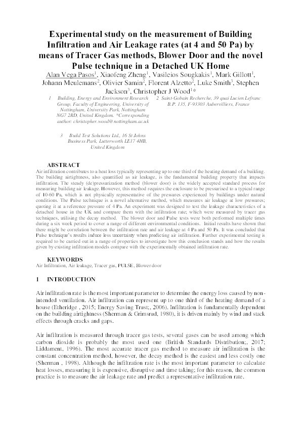 Experimental study on the measurement of building infiltration and air leakage rate (at 4 and 50 Pa) by means of tracer gas methods, blower door and the novel pulse technique in a detached UK home Thumbnail