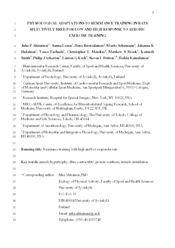Physiological adaptations to resistance training in rats selectively bred for low and high response to aerobic exercise training Thumbnail