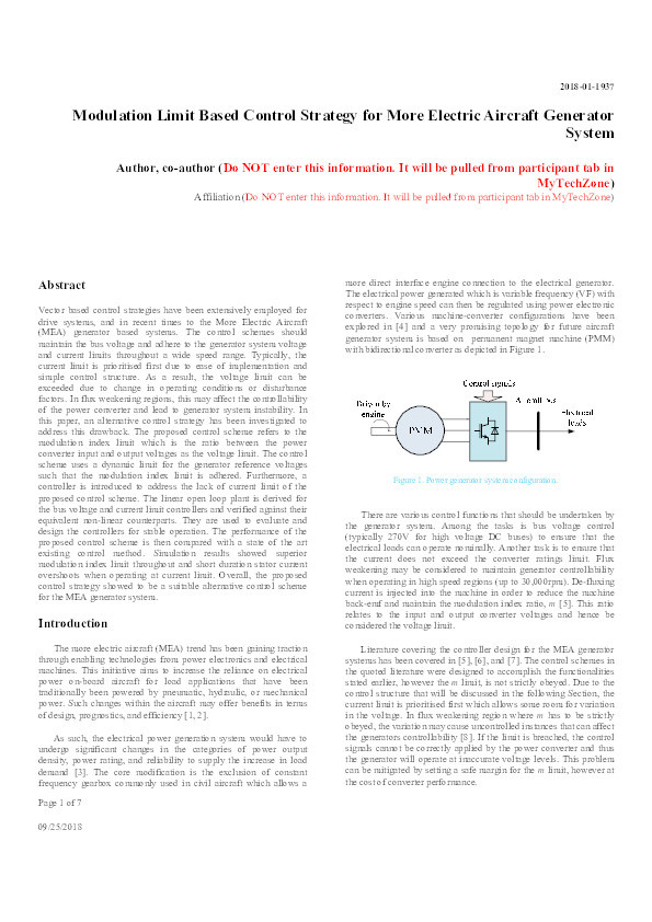 Modulation Limit Based Control Strategy for More Electric Aircraft Generator System Thumbnail
