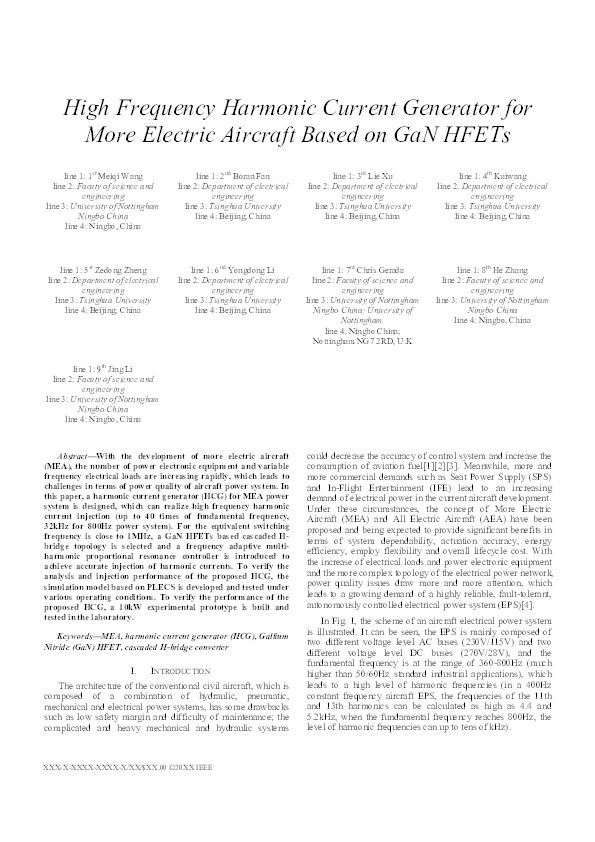 High Frequency Harmonic Current Generator for More Electric Aircraft Based on GaN HFETs Thumbnail