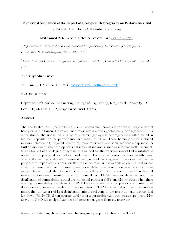 Numerical simulation of the impact of geological heterogeneity on performance and safety of THAI heavy oil production process Thumbnail