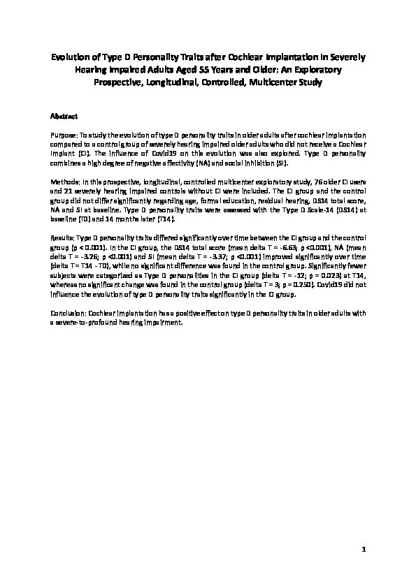 Evolution of Type D Personality Traits After Cochlear Implantation in Severely Hearing Impaired Adults 55 Years and Older: An Exploratory Prospective, Longitudinal, Controlled, Multicenter Study Thumbnail