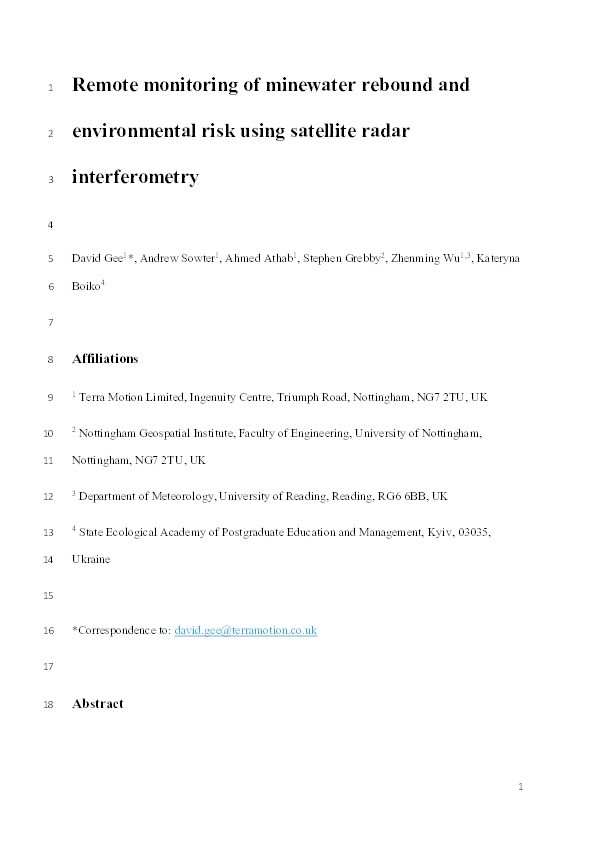 Remote monitoring of minewater rebound and environmental risk using satellite radar interferometry Thumbnail