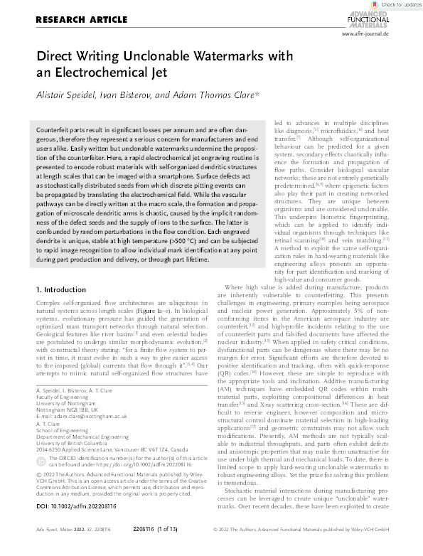 Direct Writing Unclonable Watermarks with an Electrochemical Jet Thumbnail