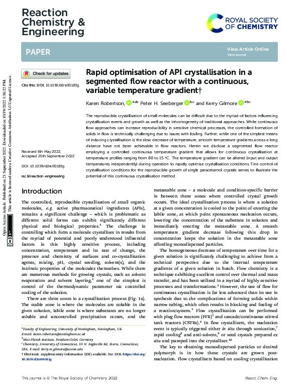 Rapid optimisation of API crystallisation in a segmented flow reactor with a continuous, variable temperature gradient Thumbnail