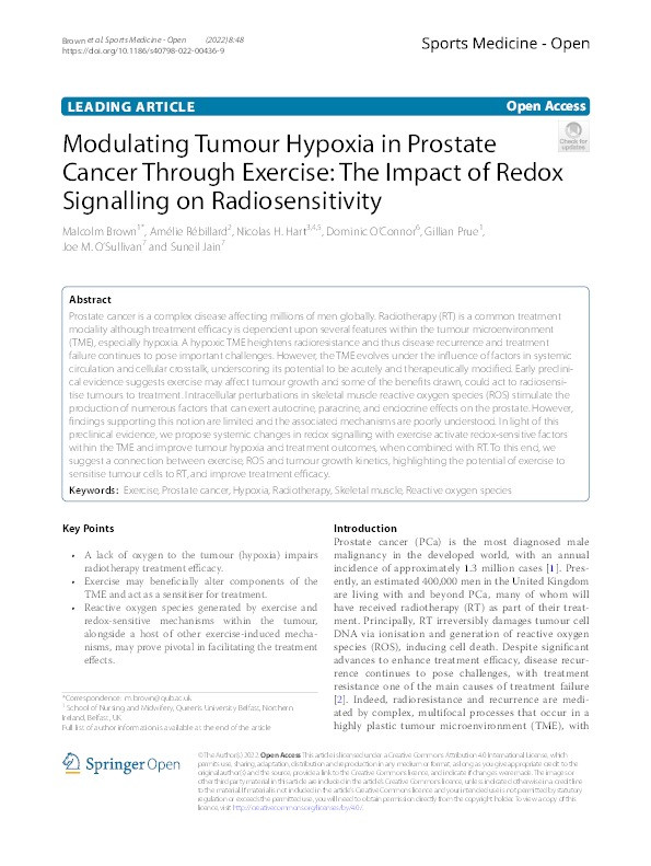 Modulating Tumour Hypoxia in Prostate Cancer Through Exercise: The Impact of Redox Signalling on Radiosensitivity Thumbnail