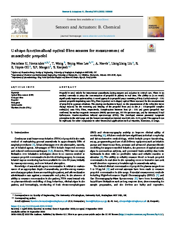 U-shape functionalized optical fibre sensors for measurement of anaesthetic propofol Thumbnail