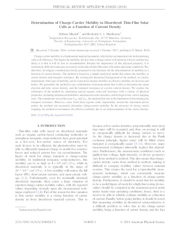 Determination of charge-carrier mobility in disordered thin-film solar cells as a function of current density Thumbnail