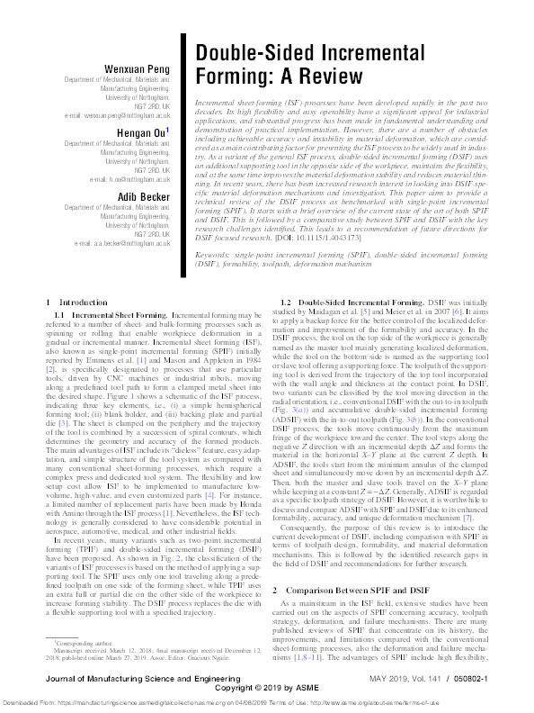 Double-sided incremental forming: a review Thumbnail