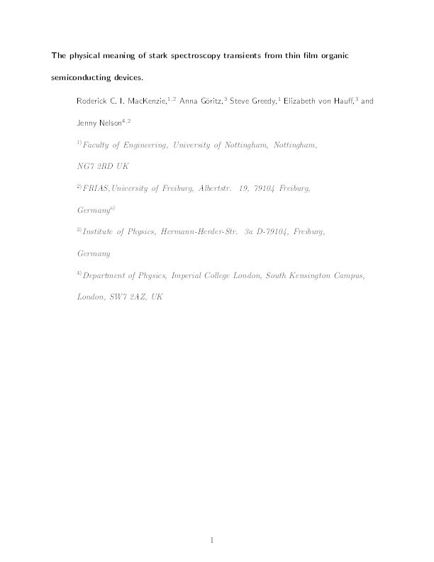 Theory of Stark spectroscopy transients from thin film organic semiconducting devices Thumbnail