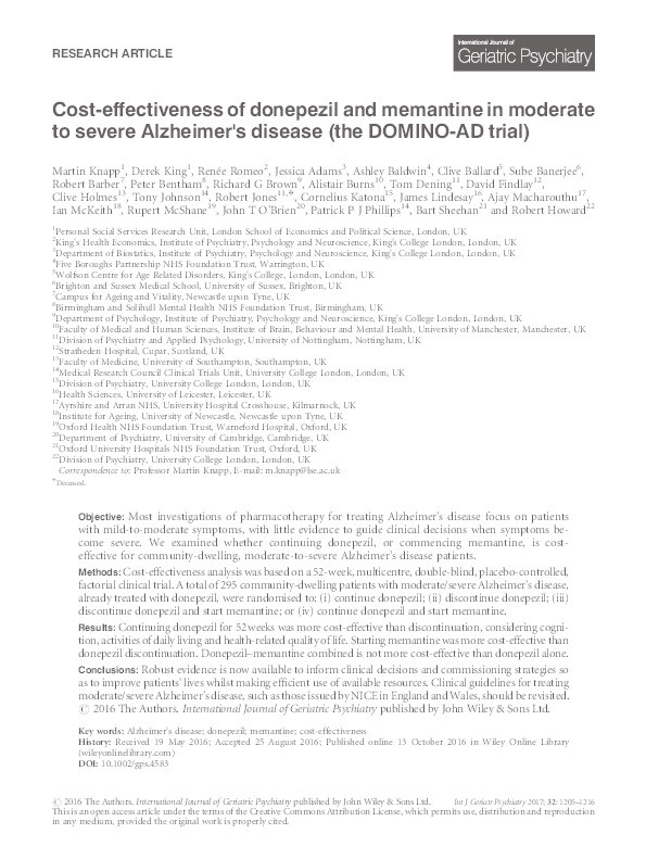 Cost-effectiveness of donepezil and memantine in moderate to severe Alzheimer's disease (the DOMINO-AD trial) Thumbnail