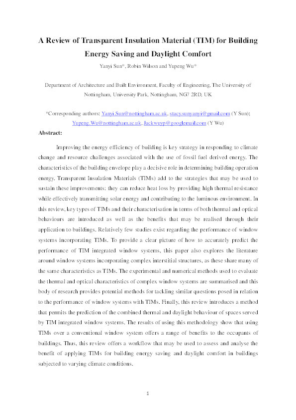 A review of Transparent Insulation Material (TIM) for building energy saving and daylight comfort Thumbnail