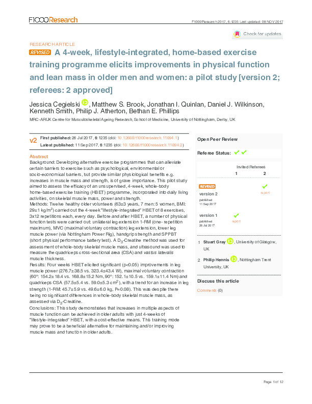 A 4-week, lifestyle-integrated, home-based exercise training programme elicits improvements in physical function and lean mass in older men and women: a pilot study Thumbnail