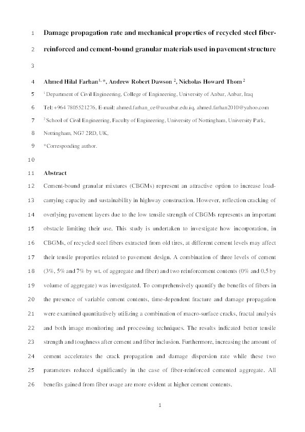 Damage propagation rate and mechanical properties of recycled steel fiber-reinforced and cement-bound granular materials used in pavement structure Thumbnail