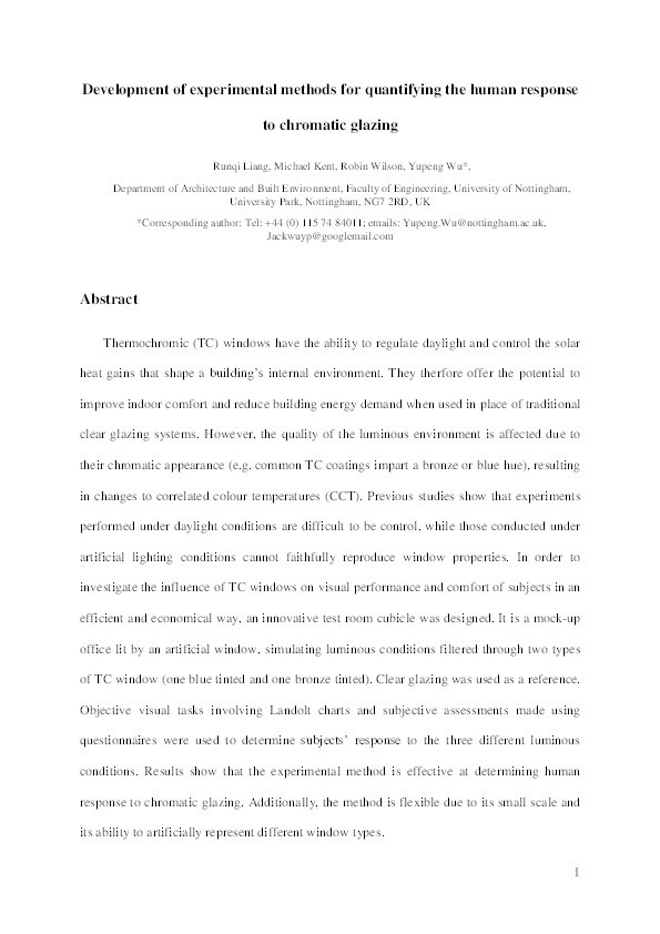 Development of experimental methods for quantifying the human response to chromatic glazing Thumbnail