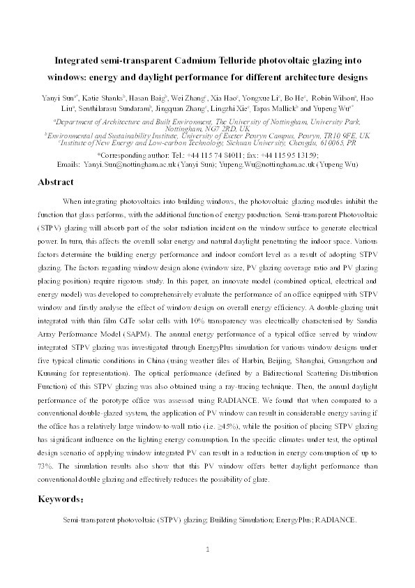 Integrated semi-transparent cadmium telluride photovoltaic glazing into windows: energy and daylight performance for different architecture designs Thumbnail