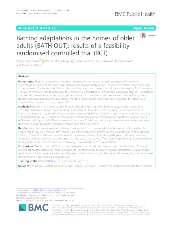 Bathing adaptations in the homes of older adults (BATH-OUT): results of a Feasibility Randomised Controlled Trial (RCT) Thumbnail