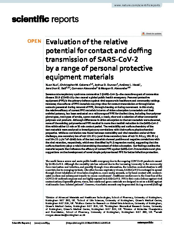 Evaluation of the relative potential for contact and doffing transmission of SARS-CoV-2 by a range of personal protective equipment materials Thumbnail