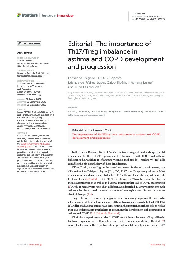 Editorial: The importance of Th17/Treg imbalance in asthma and COPD development and progression Thumbnail