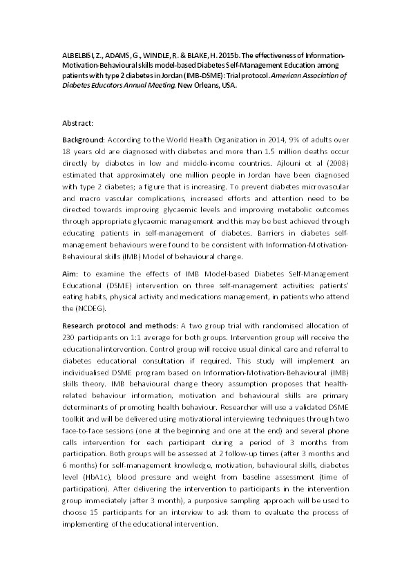 The effectiveness of Information- Motivation-Behavioural skills model-based Diabetes Self-Management Education among patients with type 2 diabetes in Jordan (IMB-DSME): trial protocol Thumbnail