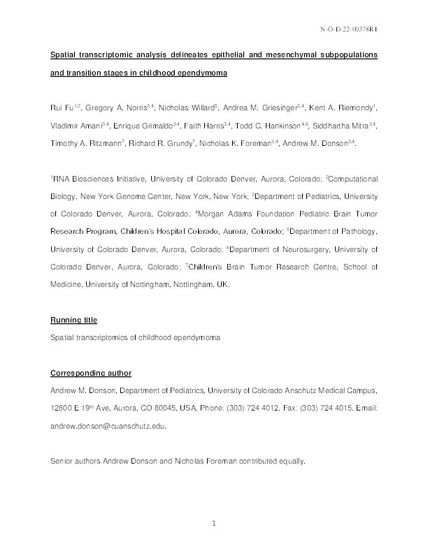 Spatial transcriptomic analysis delineates epithelial and mesenchymal subpopulations and transition stages in childhood ependymoma Thumbnail