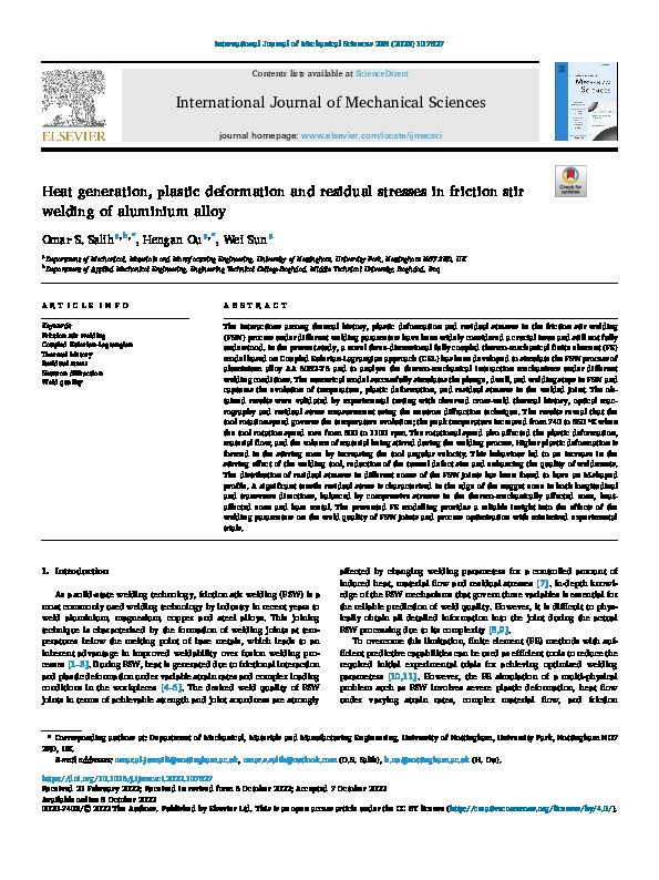 Heat generation, plastic deformation and residual stresses in friction stir welding of aluminium alloy Thumbnail