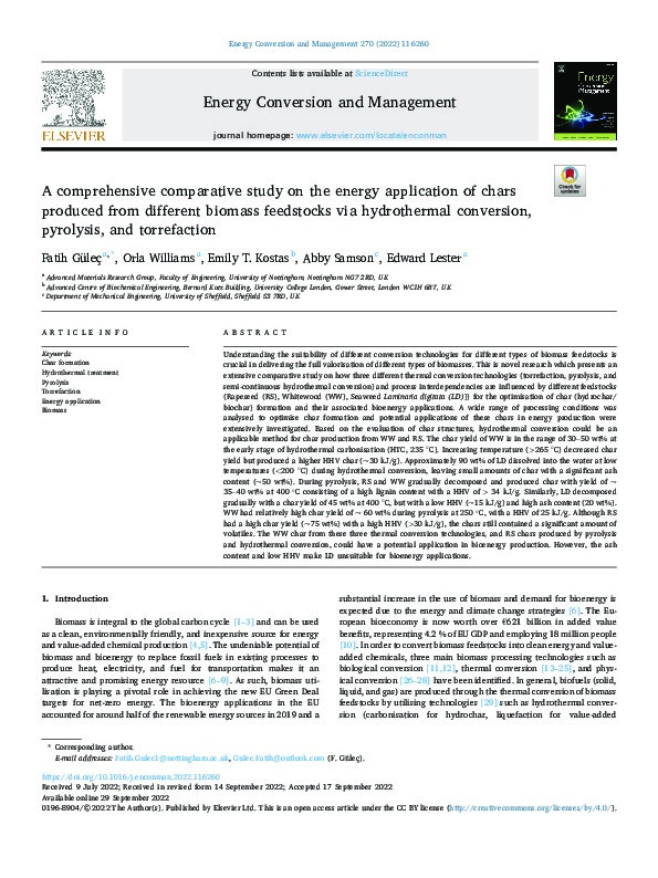 A comprehensive comparative study on the energy application of chars produced from different biomass feedstocks via hydrothermal conversion, pyrolysis, and torrefaction Thumbnail