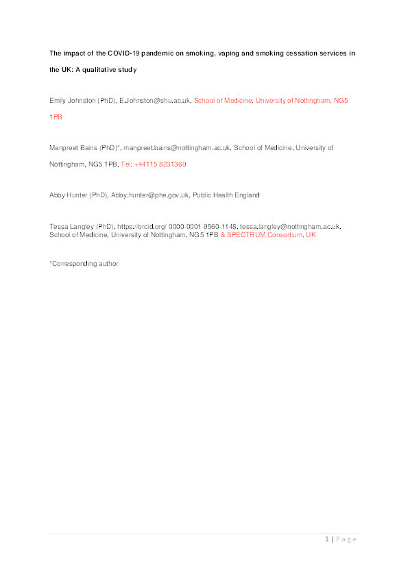 The impact of the COVID-19 pandemic on smoking, vaping and smoking cessation services in the UK: A qualitative study Thumbnail