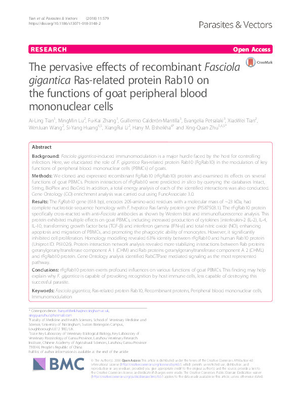 The pervasive effects of recombinant Fasciola gigantica Ras-related protein Rab10 on the functions of goat peripheral blood mononuclear cells Thumbnail