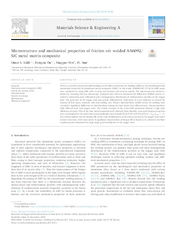 Microstructure and mechanical properties of friction stir welded AA6092/SiC metal matrix composite Thumbnail