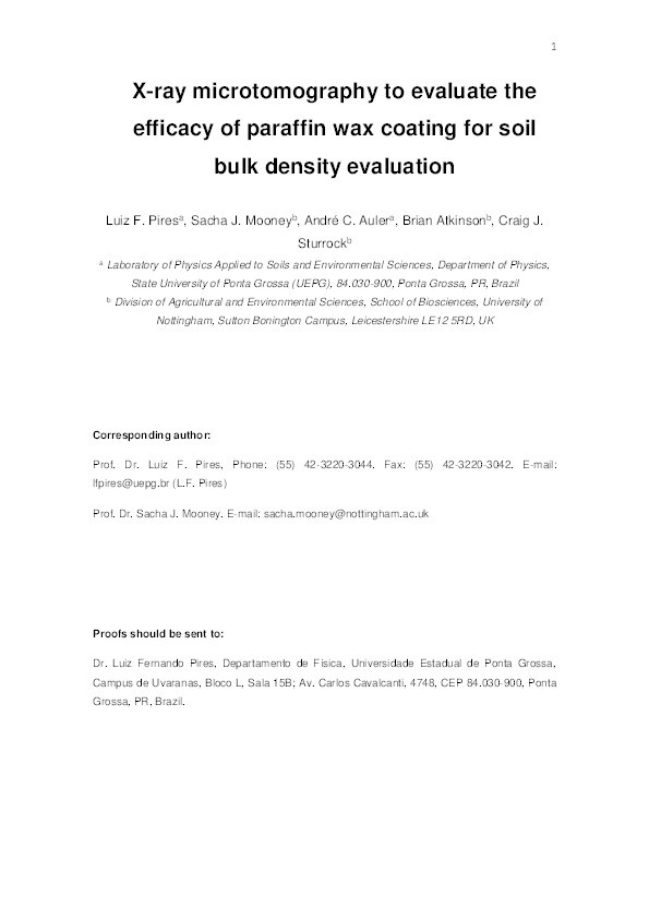 X-ray microtomography to evaluate the efficacy of paraffin wax coating for soil bulk density evaluation Thumbnail