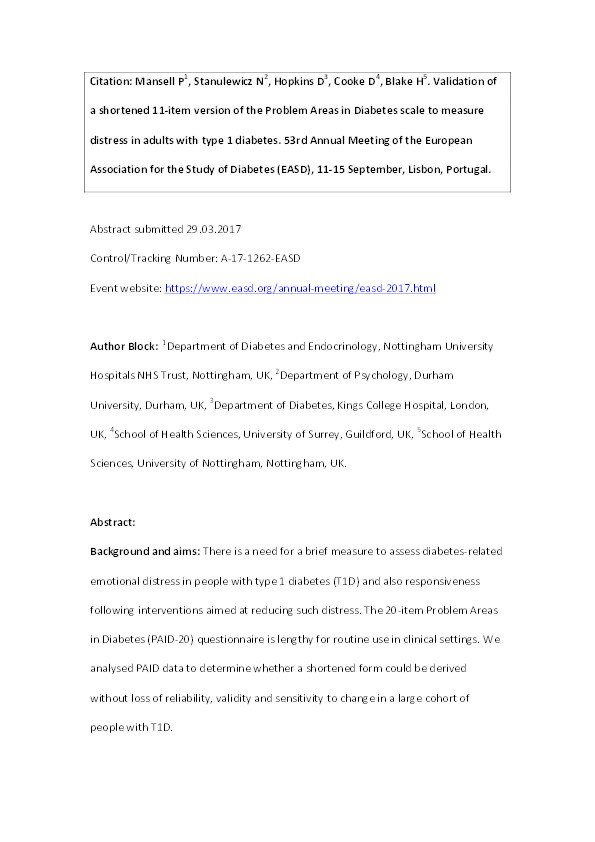 Validation of a shortened 11-item version of the Problem Areas in Diabetes scale to measure distress in adults with type 1 diabetes Thumbnail