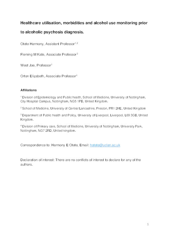 Healthcare utilisation, morbidities and alcohol use monitoring prior to alcoholic psychosis diagnosis Thumbnail