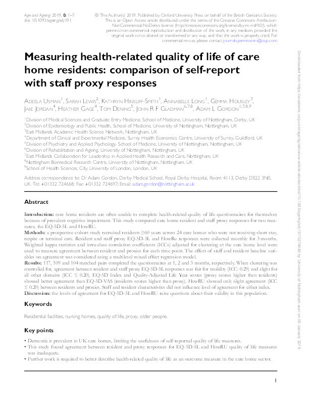 Measuring health related quality of life of care home residents: comparison of self-report with staff proxy responses Thumbnail