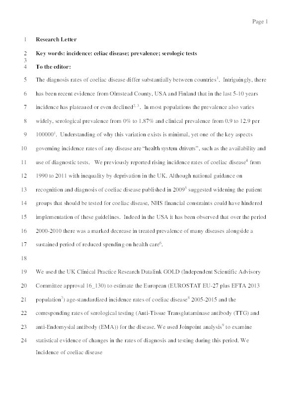 Changes in the testing for and incidence of celiac disease in the UK 2005-2015: a population based cohort study Thumbnail