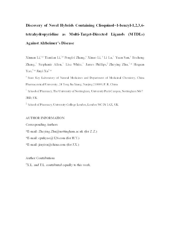 Discovery of novel hybrids containing clioquinol−1-benzyl-1,2,3,6-tetrahydropyridine as multi-target-directed ligands (MTDLs) against Alzheimer's disease Thumbnail