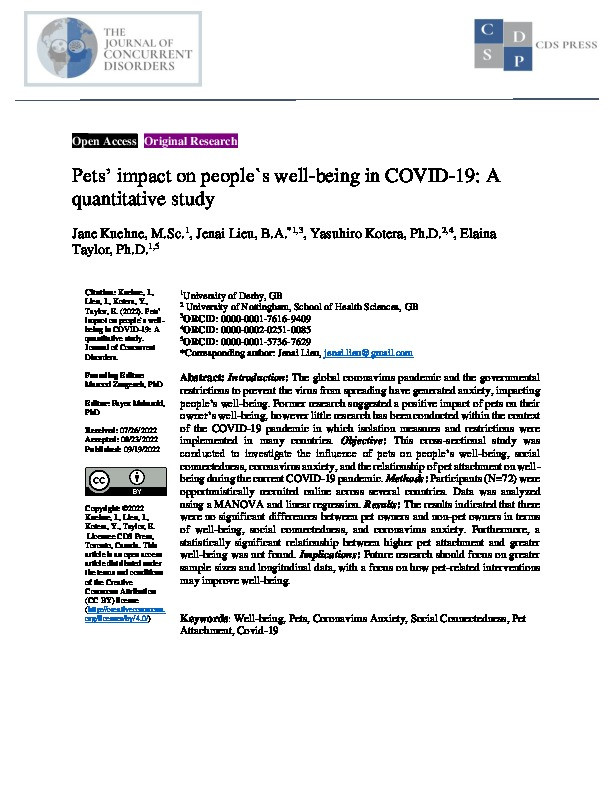 Pets’ impact on people`s well-being in COVID-19: A quantitative study Thumbnail